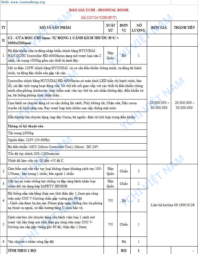 Mẫu báo giá cửa chì trượt tự động sử dụng động cơ Hyundai do Ychi Việt Nam nhập khẩu chính hãng